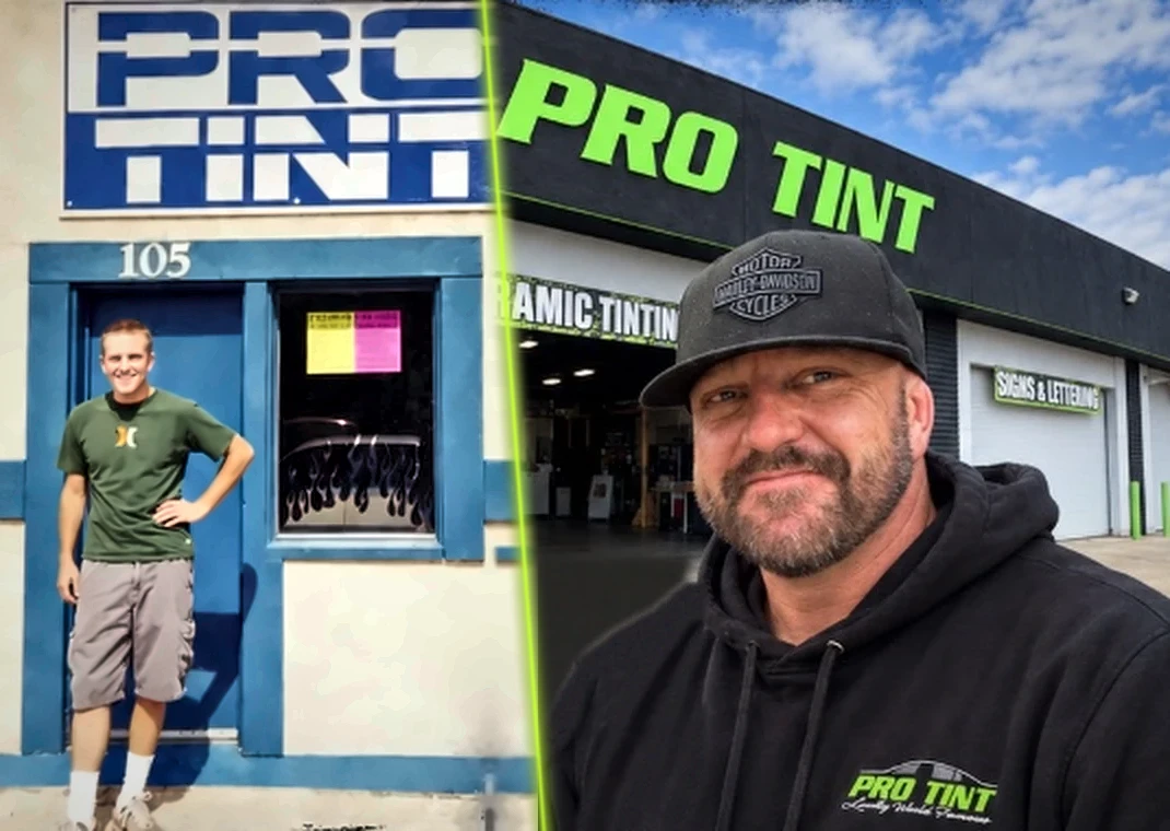 Jesse Taylor at the first Pro Tint shop in 2001, age 20, blended with Jesse outside the current shop at 900 N I St in 2026